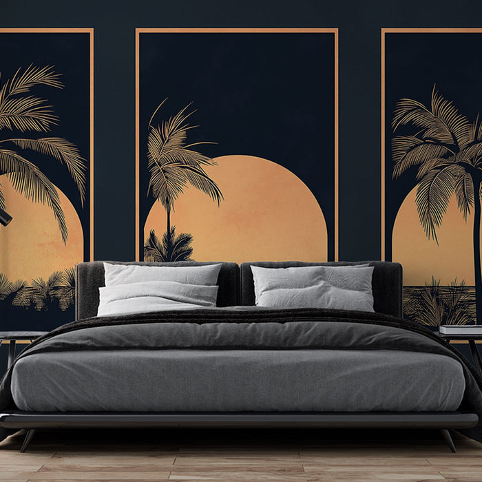 Une chambre moderne avec un papier peint tropical représentant des palmiers dorés sur fond bleu nuit, créant une ambiance chaleureuse et apaisante.