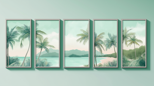 Papier peint imitation tableau Plage tropicale avec palmiers et montagnes