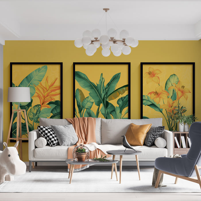 Papier peint imitation tableau | Plantes luxuriantes sur fond jaune