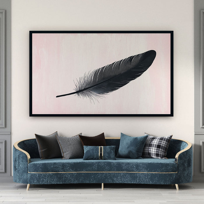 Papier peint imitation tableau | Plume noire sur un fond rose doux