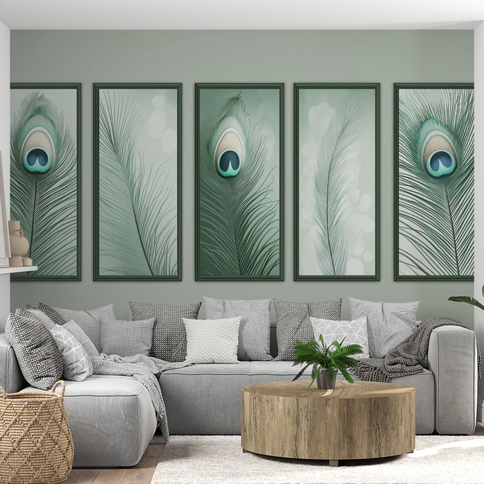 Un salon moderne avec un papier peint représentant des plumes de paon aux teintes vertes et bleues, créant une atmosphère élégante et apaisante.