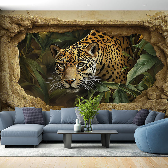 Un salon moderne avec un papier peint représentant un léopard majestueux émergeant d'une paroi rocheuse, créant une ambiance sauvage et captivante.
