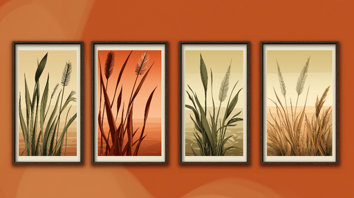 Papier peint imitation tableau Quatre illustrations stylisées de plantes aux tons chauds