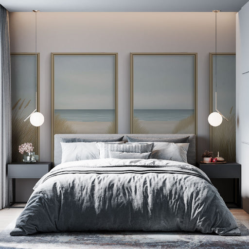 Une chambre apaisante avec un papier peint représentant des paysages marins doux, évoquant une ambiance sereine et relaxante.