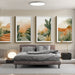 Une chambre moderne avec un papier peint représentant des paysages stylisés aux teintes douces de vert et d'orange, créant une atmosphère apaisante et naturelle.