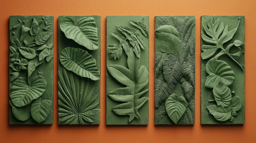 Papier peint imitation tableau Reliefs de feuillage tropical en vert