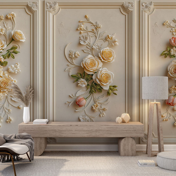 Un salon élégant avec un papier peint en relief floral beige et pastel, créant une atmosphère romantique et apaisante.
