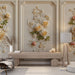 Un salon élégant avec un papier peint en relief floral beige et pastel, créant une atmosphère romantique et apaisante.