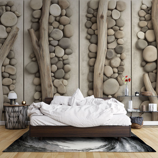 Une chambre moderne avec un papier peint texturé représentant des galets et des troncs d'arbres, créant une ambiance naturelle et apaisante.