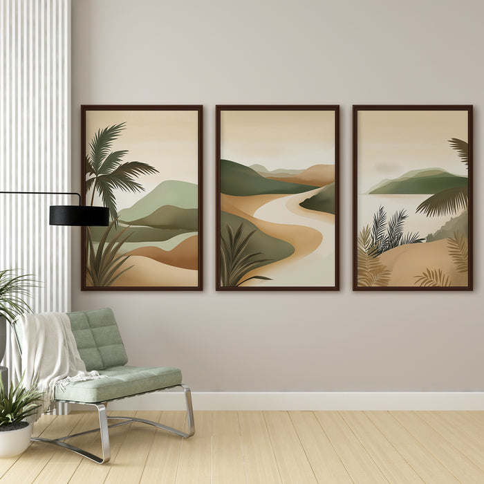 Une pièce moderne avec un papier peint représentant des paysages stylisés aux teintes douces de vert et beige, créant une ambiance apaisante et naturelle.