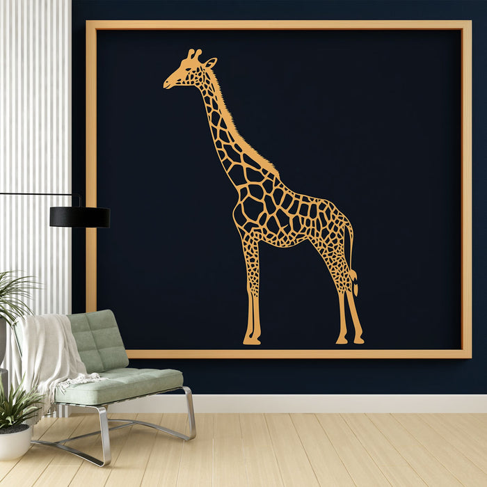 Une pièce moderne avec un papier peint représentant une girafe stylisée en doré sur fond bleu nuit, dégageant une atmosphère artistique et originale.