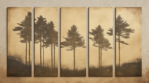 Papier peint imitation tableau Silhouettes d'arbres sur fond doré