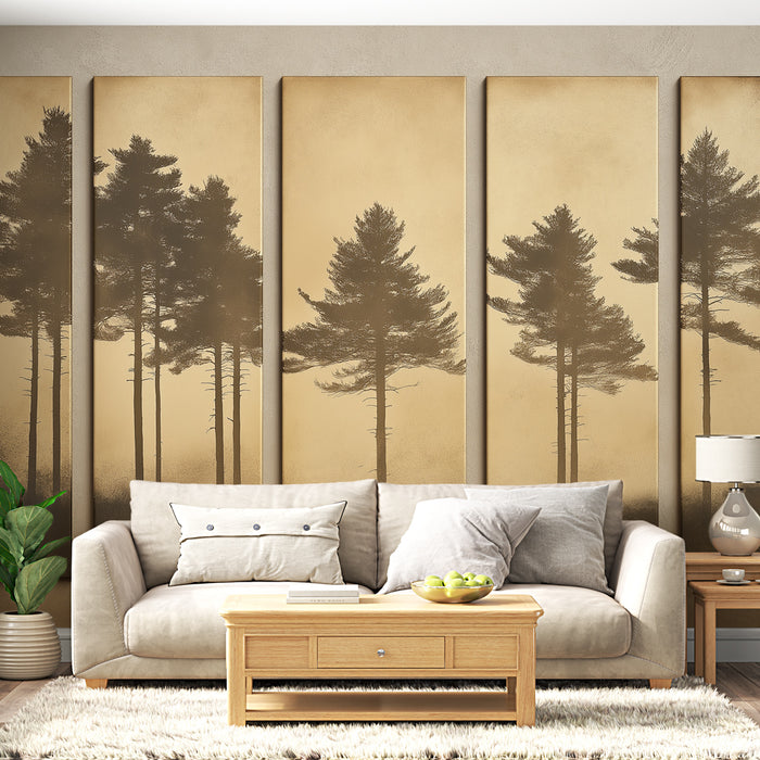 Un salon lumineux avec un papier peint représentant des silhouettes d'arbres sur fond beige, créant une atmosphère chaleureuse et apaisante.