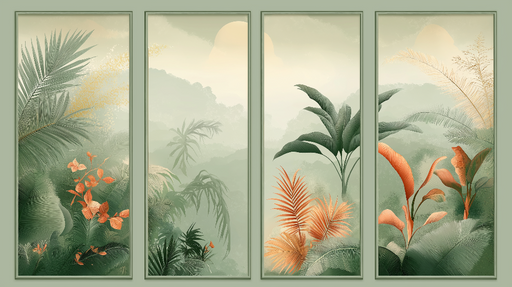 Papier peint imitation tableau Tendance tropicale subtile avec des feuillages luxuriants