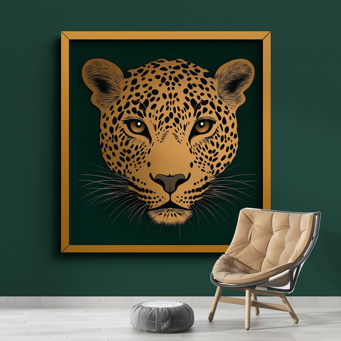 Une pièce moderne avec un papier peint vert foncé mettant en valeur un grand portrait de léopard doré, créant une ambiance audacieuse et artistique.