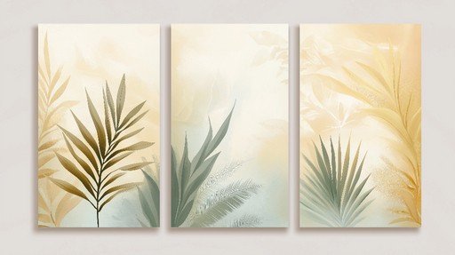 Papier peint imitation tableau Trio de feuilles modernes aux teintes douces