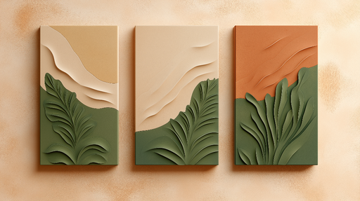 Papier peint imitation tableau Trio de reliefs végétaux avec des nuances terreuses