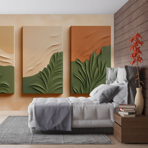 Une chambre moderne avec un papier peint texturé aux nuances de vert et d'orange, évoquant une atmosphère naturelle et apaisante.