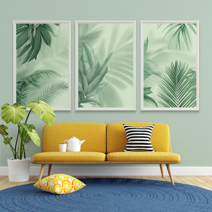 Un salon lumineux avec un papier peint vert pastel illustrant des feuilles tropicales délicates, créant une ambiance fraîche et apaisante.