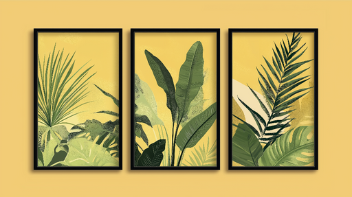 Papier peint imitation tableau Trois cadres de feuillage luxuriant sur fond jaune