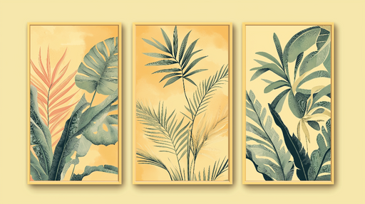 Papier peint imitation tableau Trois tableaux de feuilles luxuriantes sur fond pastel