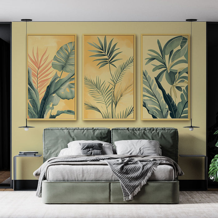Papier peint imitation tableau | Trois tableaux de feuilles luxuriantes sur fond pastel