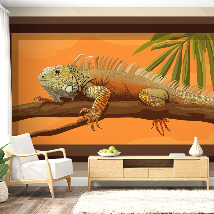 Une pièce moderne avec un papier peint illustrant un iguane sur fond orange, évoquant une ambiance tropicale et vivante.