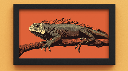 Papier peint imitation tableau Un iguane noir sur fond orange éclatant