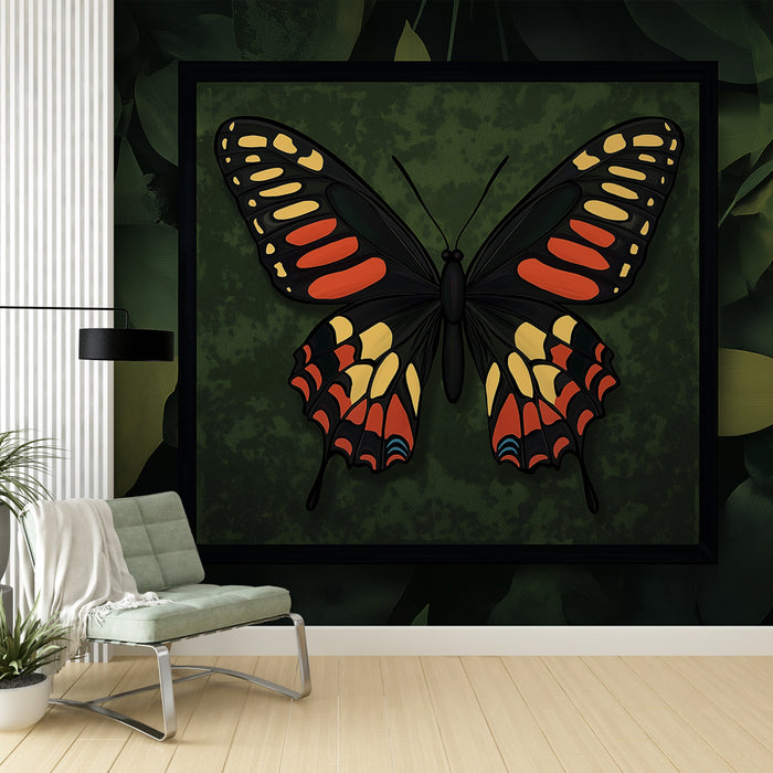 Papier peint imitation tableau | Un papillon coloré sur fond verdoyant