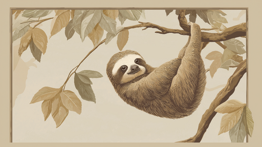 Papier peint imitation tableau Un paresseux suspendu parmi des feuilles délicates