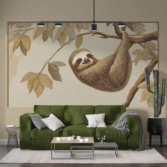 Un salon contemporain avec un papier peint illustrant un paresseux suspendu à une branche, dans des teintes douces et naturelles, créant une ambiance chaleureuse et ludique.