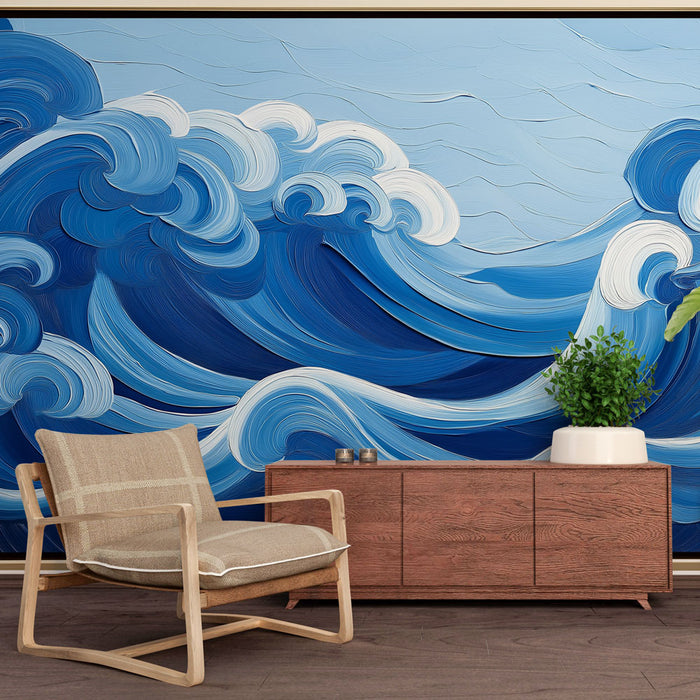 Papier peint imitation tableau | Vagues artistiques aux nuances de bleu