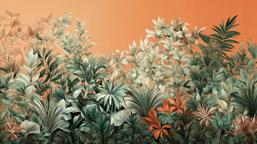 Papier peint imitation tableau Végétation luxuriante sur fond orange doux