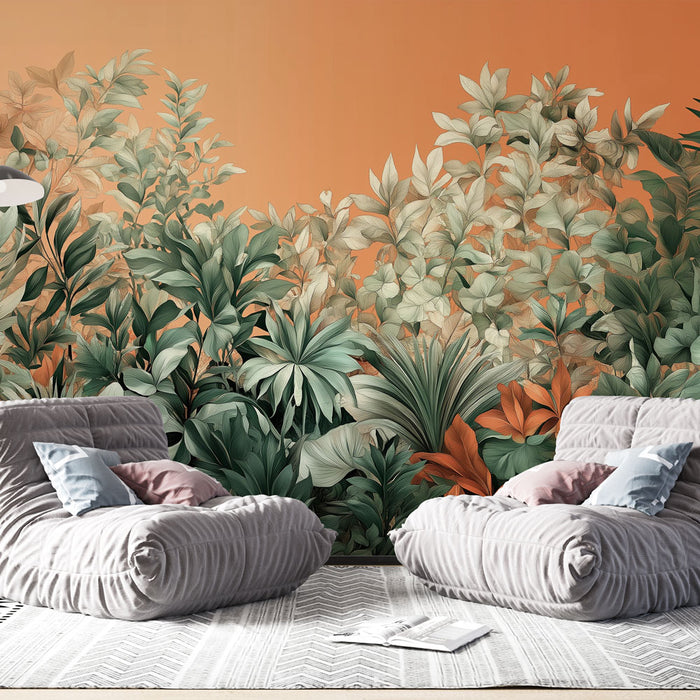 Une pièce moderne avec un papier peint tropical aux motifs luxuriants de feuilles vertes et orangées sur fond dégradé, créant une ambiance chaleureuse et vivante.