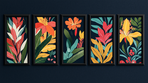 Papier peint imitation tableau Vibrantes fleurs et feuillage sur fond sombre