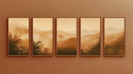 Papier peint imitation tableau Vues en dégradé chaleureuses sur des collines brumeuses