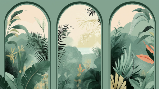Papier peint imitation tableau Vues tropicales à travers des arches élégantes