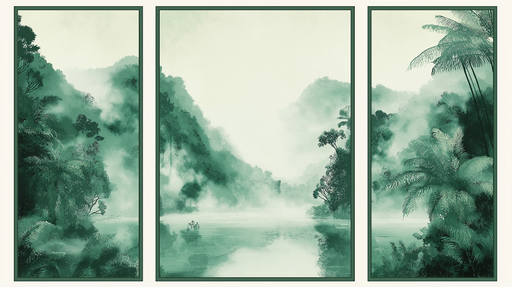 Papier peint imitation tableau Vues verdoyantes d'une forêt brumeuse en nuances de vert