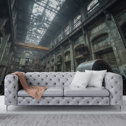 Un salon industriel avec un papier peint représentant une ancienne usine aux murs gris et aux détails rustiques, créant une atmosphère à la fois brute et fascinante.