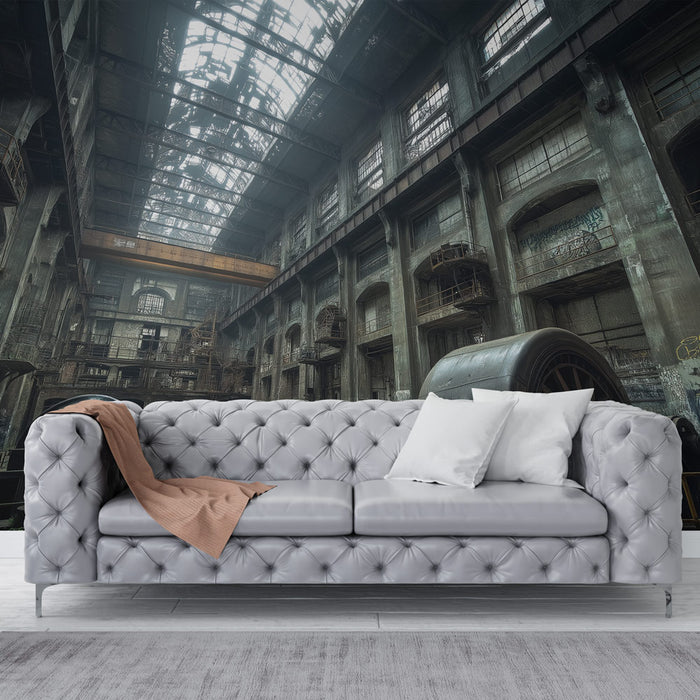 Un salon industriel avec un papier peint représentant une ancienne usine aux murs gris et aux détails rustiques, créant une atmosphère à la fois brute et fascinante.