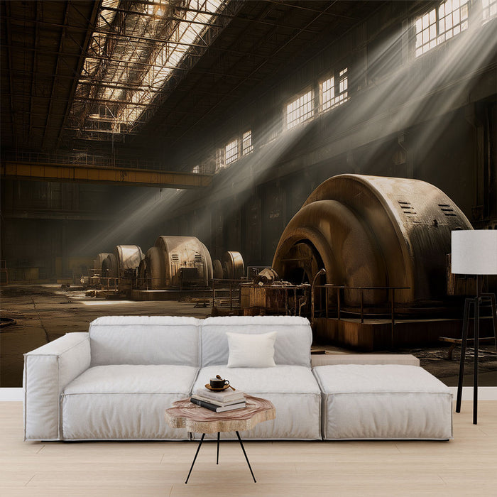 Une pièce moderne avec un papier peint industriel représentant des machines anciennes dans une ambiance sombre et mystérieuse, illuminée par des rayons de lumière.