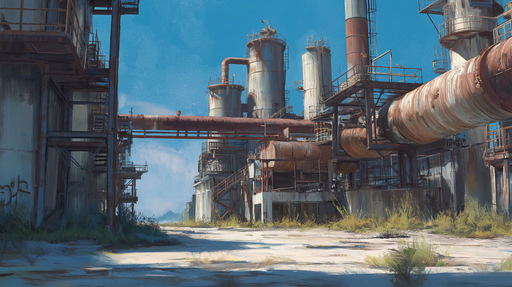 Papier peint industriel Usine abandonnée avec des structures métalliques et un ciel bleu