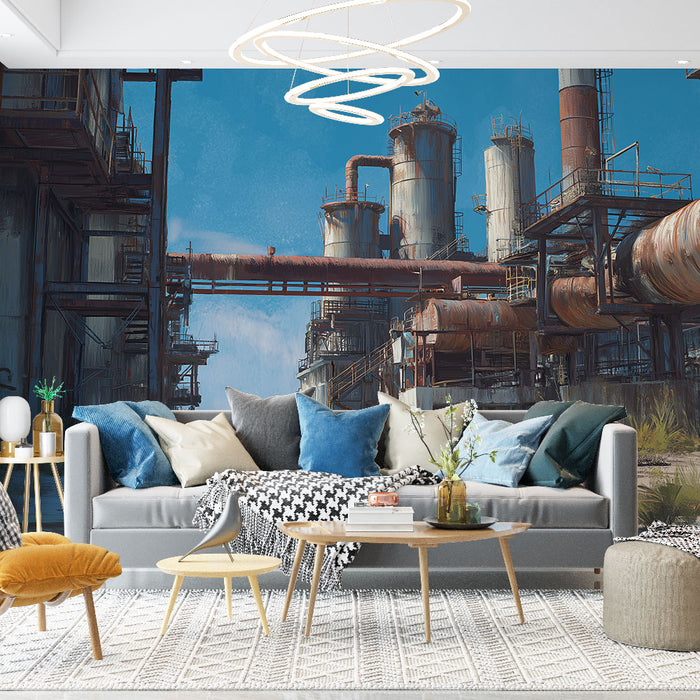 Une pièce moderne avec un papier peint industriel représentant des structures métalliques et des tuyaux sur fond bleu, créant une ambiance urbaine et dynamique.