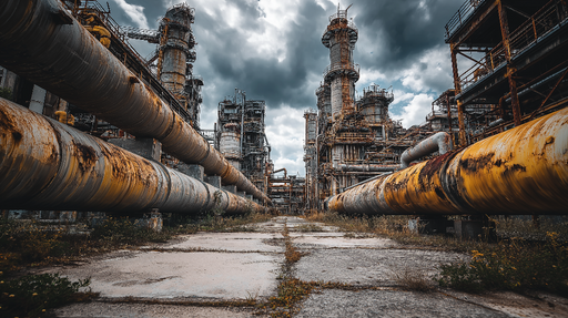 Papier peint industriel Usine abandonnée avec structures métalliques et tuyauteries rouillées
