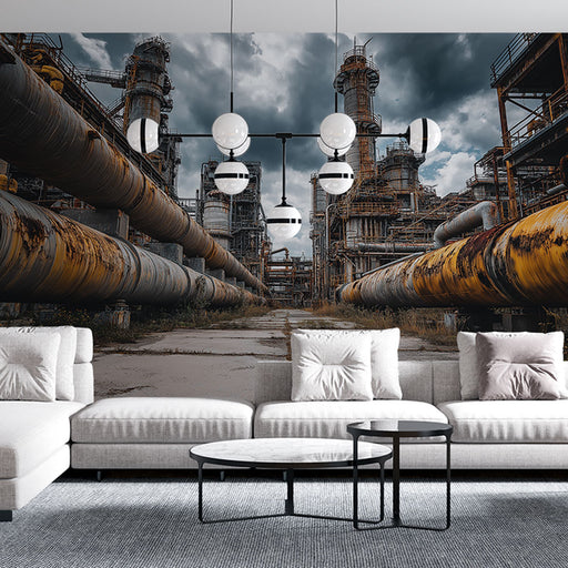 Un salon moderne avec un papier peint industriel représentant des tuyaux et des structures métalliques sur fond nuageux, créant une ambiance urbaine et audacieuse.