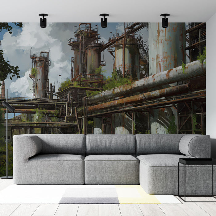 Un salon moderne avec un papier peint industriel représentant des structures métalliques rouillées entourées de verdure, créant une ambiance à la fois brute et naturelle.