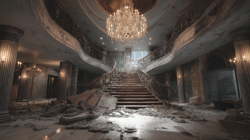 Papier peint intérieur abandonné Escalier majestueux dans un décor en ruine