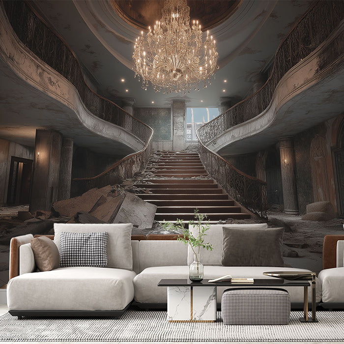 Un salon élégant avec un papier peint représentant un grand escalier en ruine, évoquant une atmosphère mystérieuse et nostalgique.