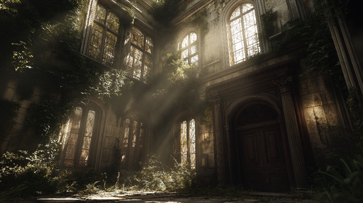 Papier peint intérieur abandonné Lumière naturelle à travers l'architecture ancienne et végétation luxuriante