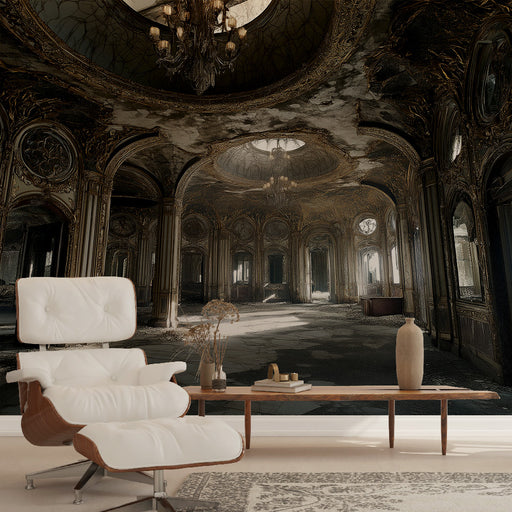 Un salon élégant avec un papier peint représentant un intérieur baroque aux teintes sombres et dorées, créant une atmosphère mystérieuse et opulente.